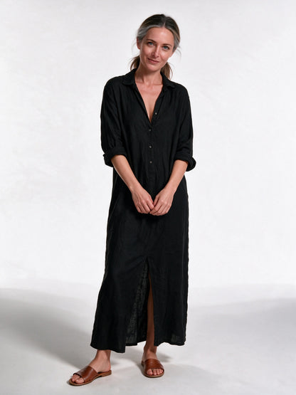 Astrid - Women's Collared Maxi Shirt Dress with Side Slits - Black