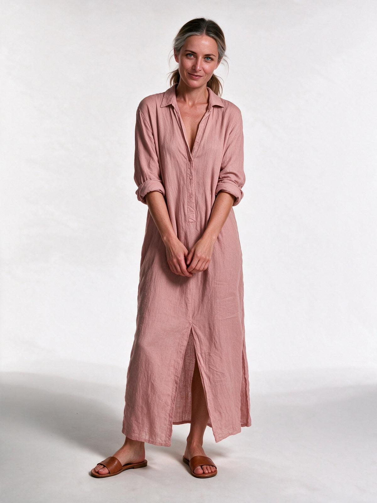 Astrid - Women's Collared Maxi Shirt Dress with Side Slits - Dusty Pink