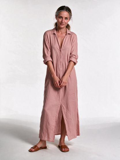 Astrid - Women's Collared Maxi Shirt Dress with Side Slits - Dusty Pink