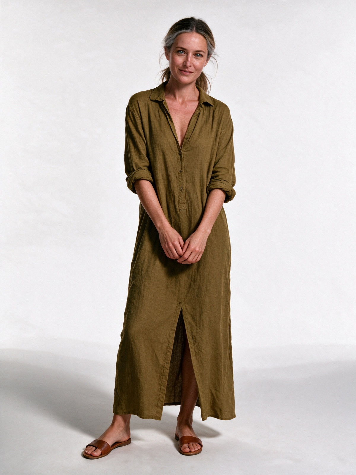 Astrid - Women's Collared Maxi Shirt Dress with Side Slits - Khaki