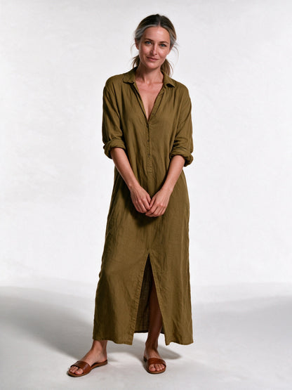 Astrid - Women's Collared Maxi Shirt Dress with Side Slits - Khaki