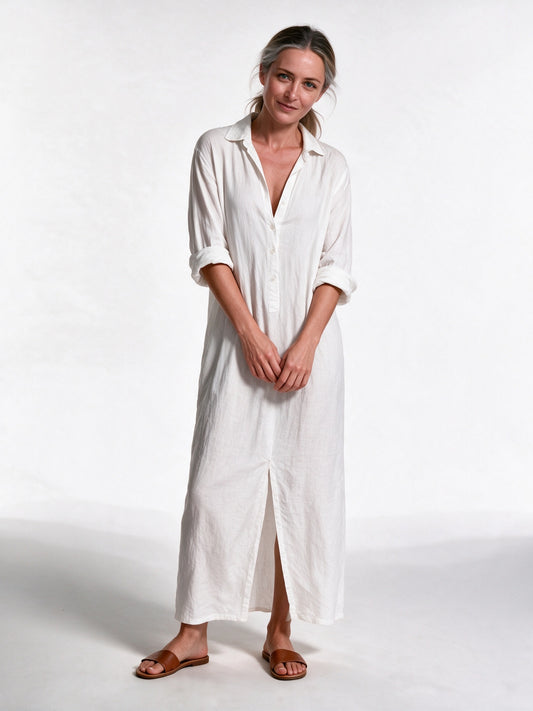 Astrid - Women's Collared Maxi Shirt Dress with Side Slits - view 1