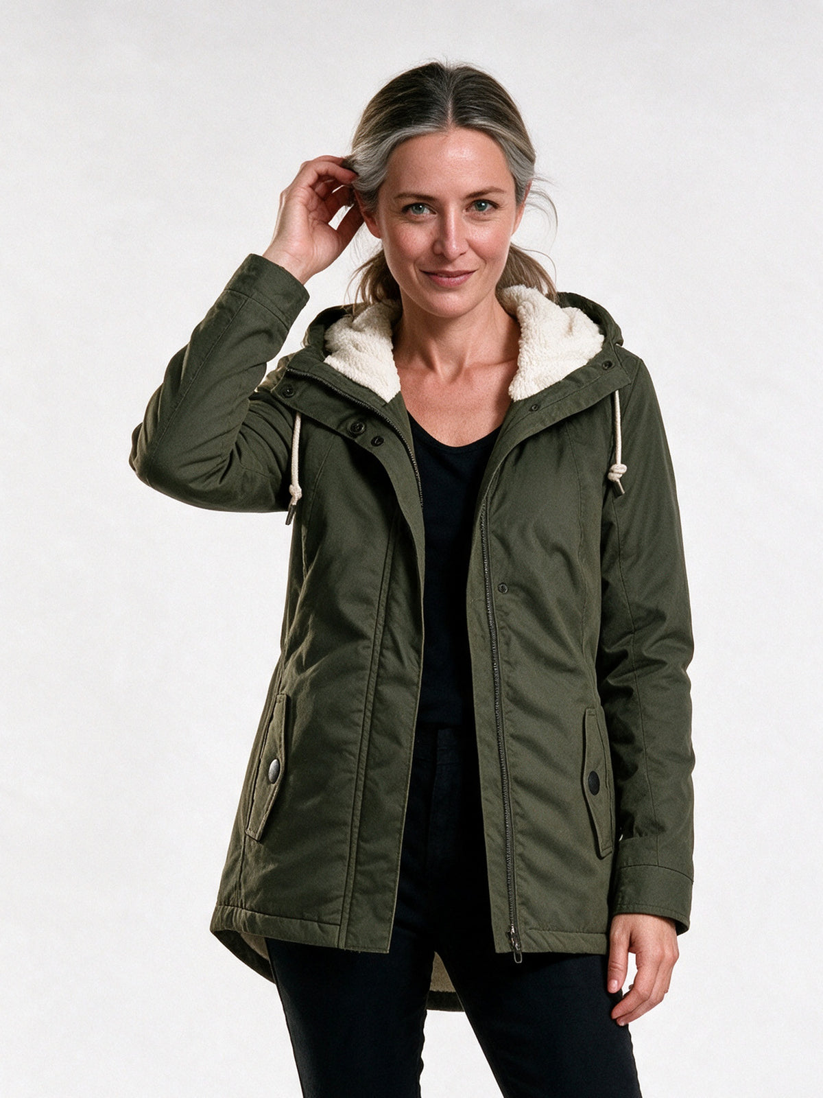Berenice - Cozy Women's Winter Coat With Hood - Army Green