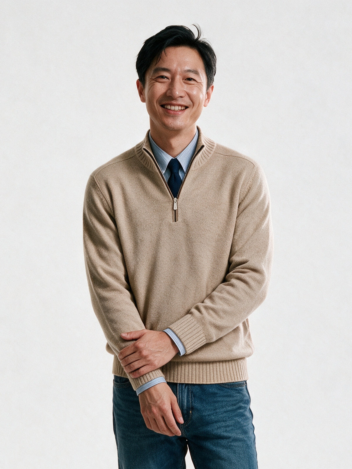 Bernard - Men's Half Zip Mock Neck Knit Sweater - Beige