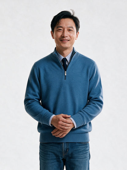Bernard - Men's Half Zip Mock Neck Knit Sweater - Blue