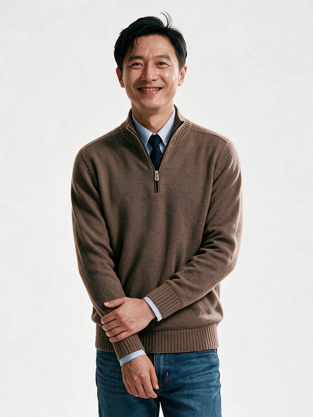 Bernard - Men's Half Zip Mock Neck Knit Sweater - Brown
