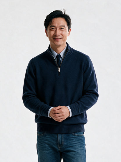 Bernard - Men's Half Zip Mock Neck Knit Sweater - Navy