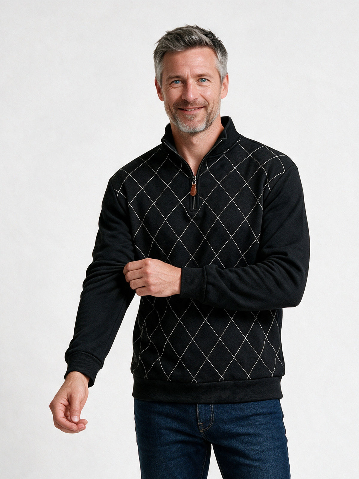 Birger - Men's Diamond Stitch Quarter Zip Sweatshirt - Black