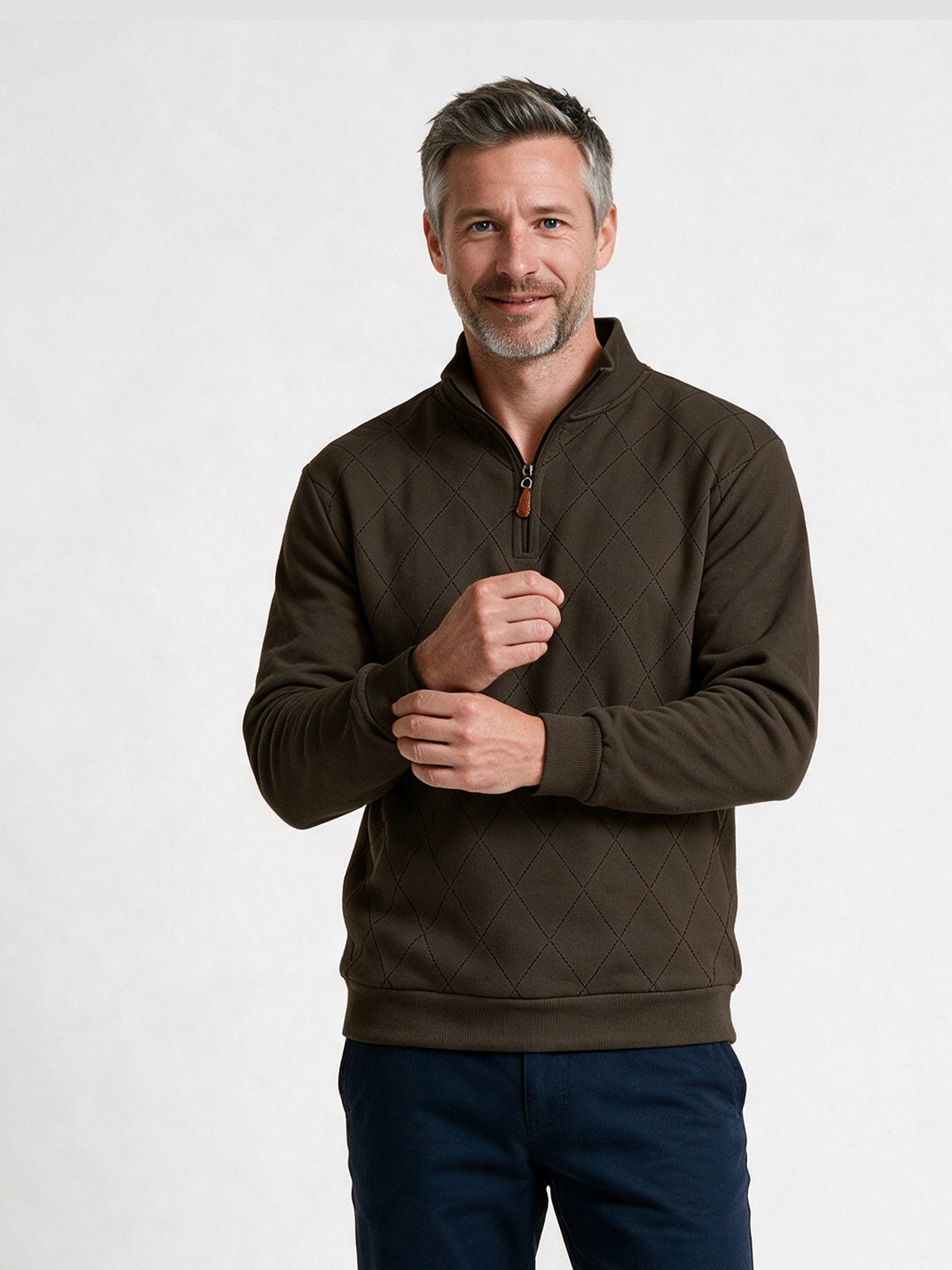 Birger - Men's Diamond Stitch Quarter Zip Sweatshirt - Brown