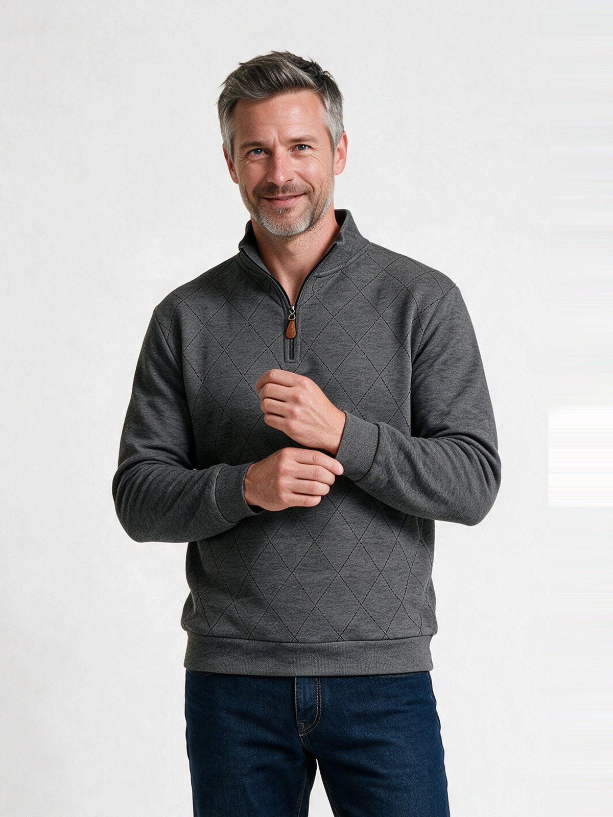 Birger - Men's Diamond Stitch Quarter Zip Sweatshirt - Charcoal