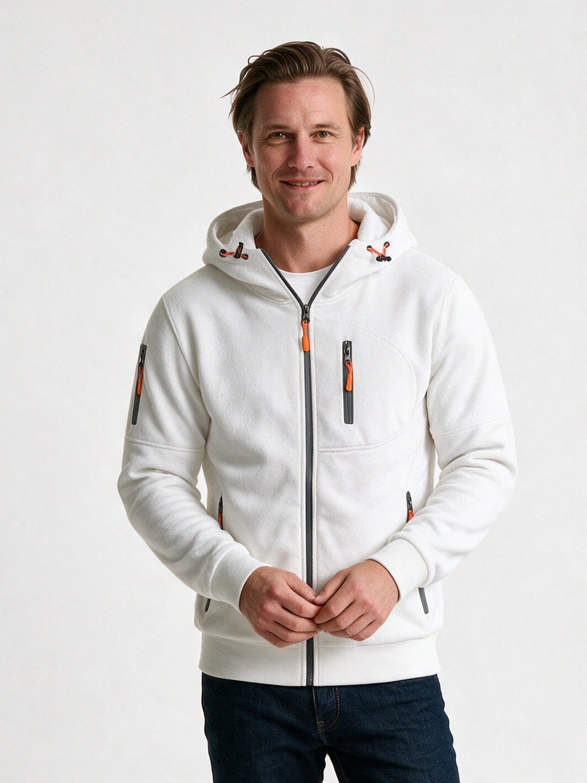 Bram - Men's Full Zip Hoodie with Zip Pockets - White