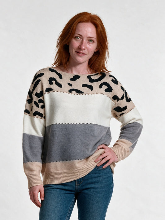 Brielle - Women's Leopard Yoke Color Block Pullover - view 1