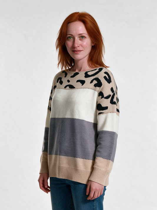 Brielle - Women's Leopard Yoke Color Block Pullover - view 2