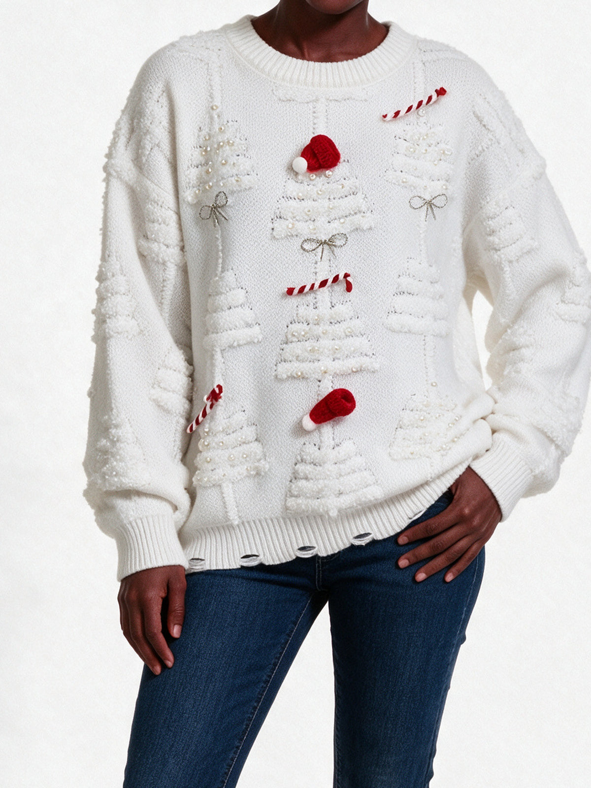 Britt - Women's Pearl Embellished Sweater with Bows - White