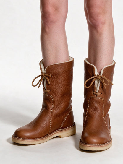 Britta - Women's Fold Down Collar Mid Calf Boots - Cognac
