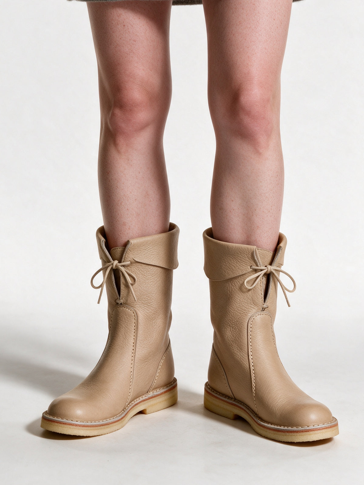 Britta - Women's Fold Down Collar Mid Calf Boots - Sand