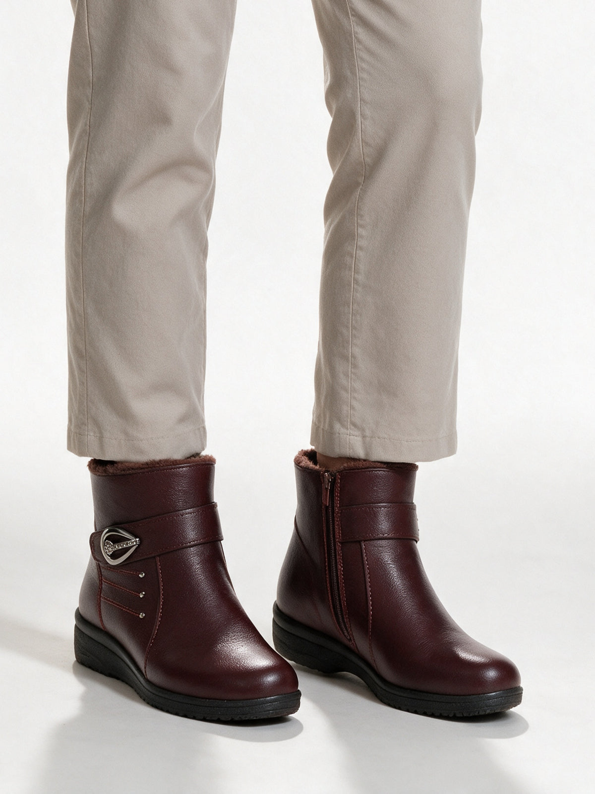 Bryony - Women's Lined Side Zip Ankle Boots - Burgundy