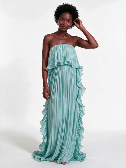 Calliope - Strapless Pleated Frill Maxi Dress - Aqua