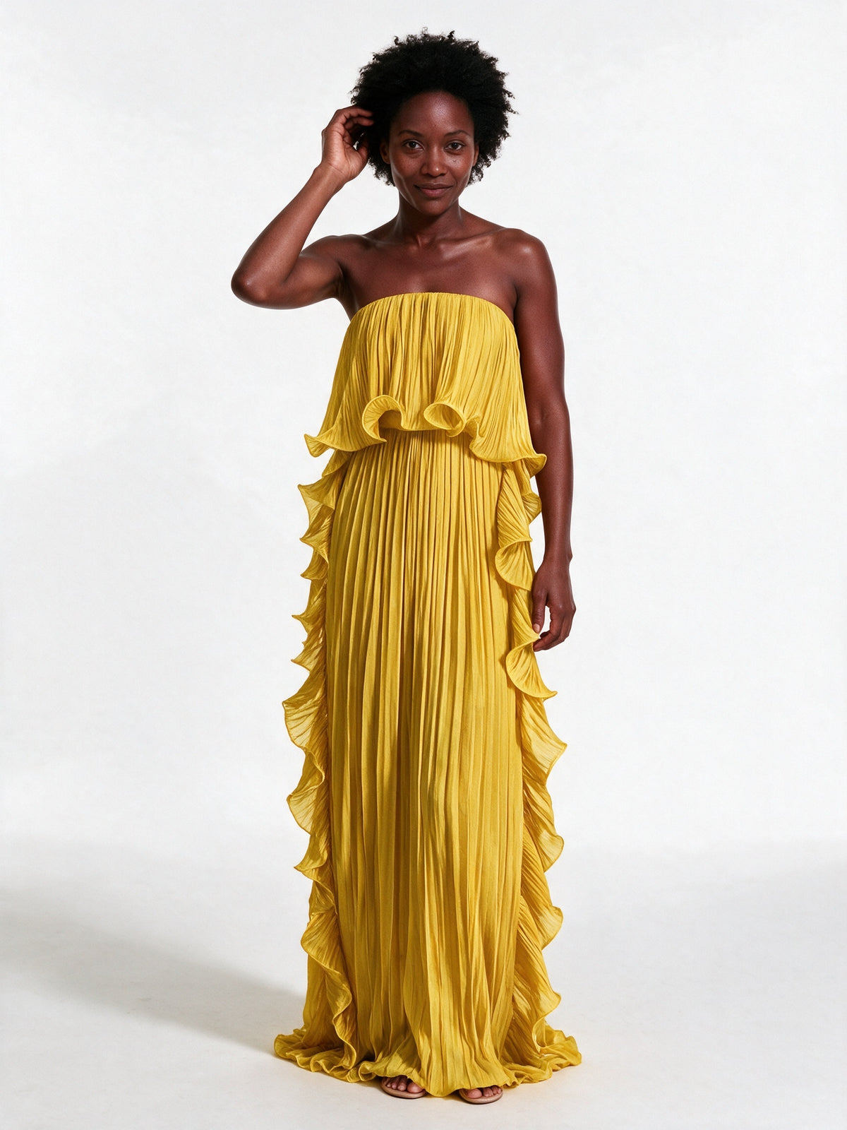 Calliope - Strapless Pleated Frill Maxi Dress - Marigold