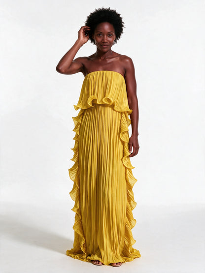 Calliope - Strapless Pleated Frill Maxi Dress - Marigold