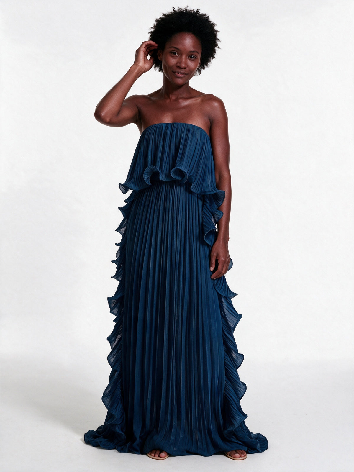 Calliope - Strapless Pleated Frill Maxi Dress - Navy