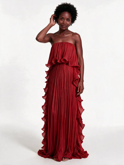 Calliope - Strapless Pleated Frill Maxi Dress - Red