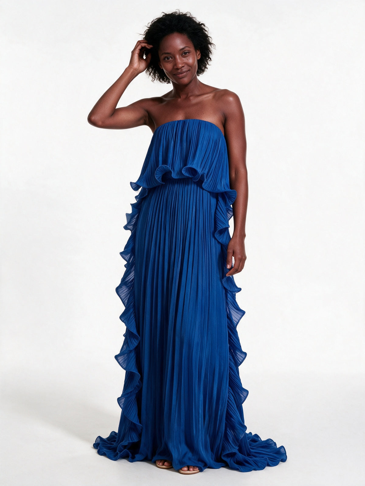 Calliope - Strapless Pleated Frill Maxi Dress - Royal Blue