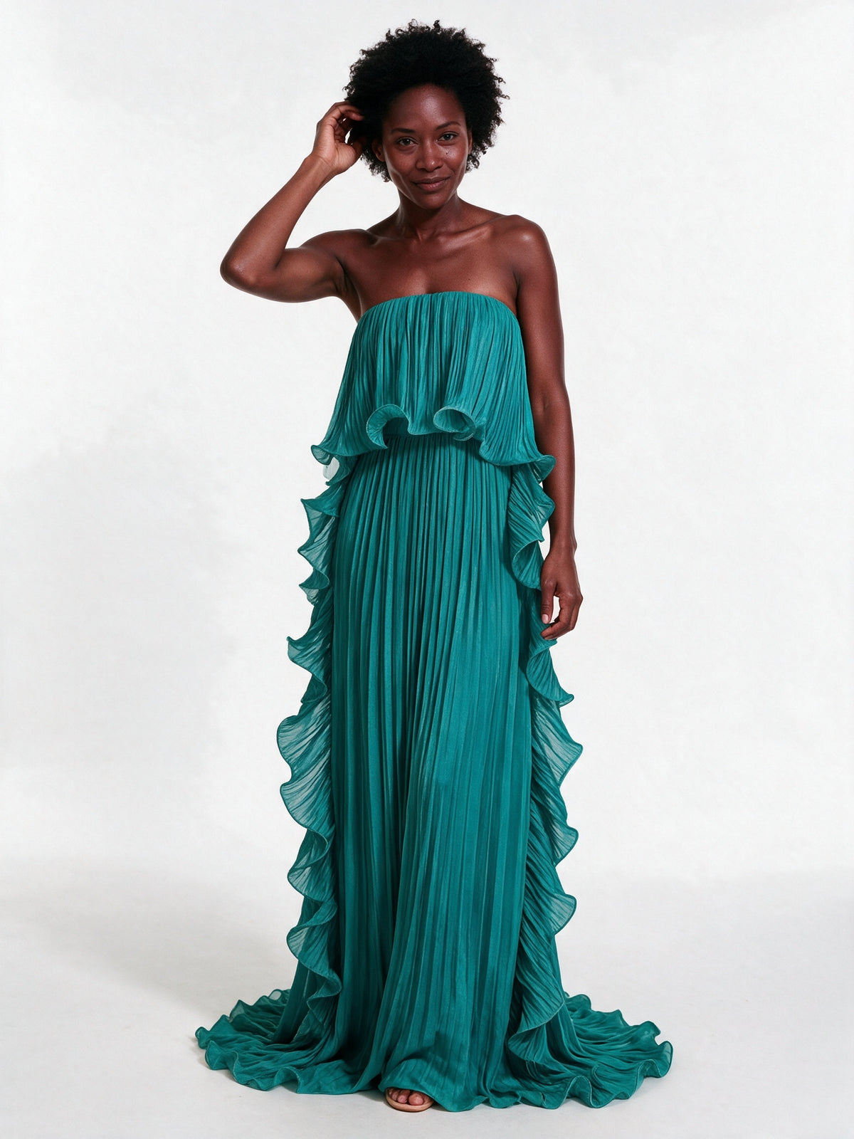 Calliope - Strapless Pleated Frill Maxi Dress - Teal