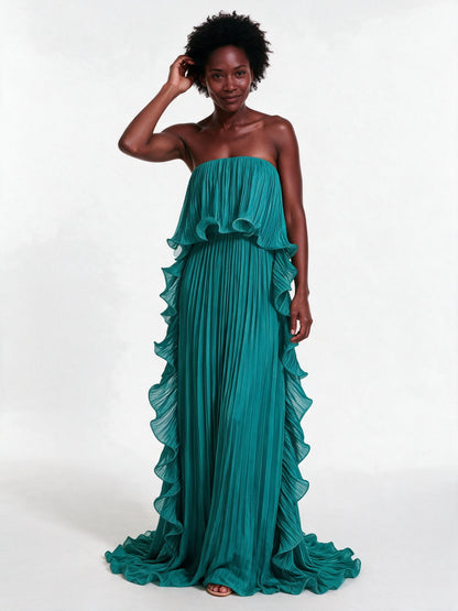 Calliope - Strapless Pleated Frill Maxi Dress - Teal
