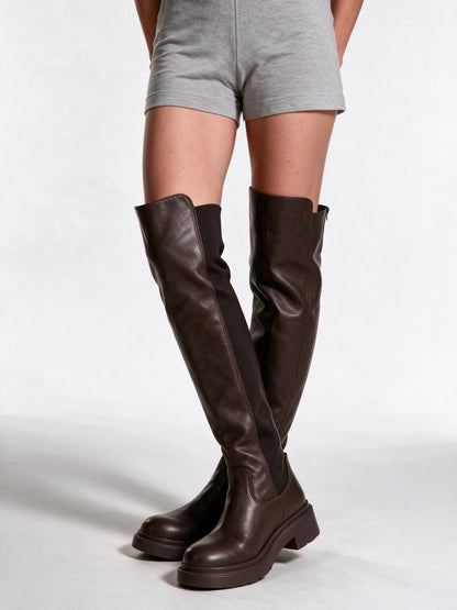 Camila - Flat Over the Knee Zip Boots with Stretch Back - Brown