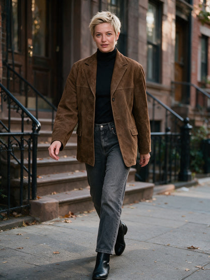Carina - Women's Oversized Brushed Brown Blazer Jacket - view 4