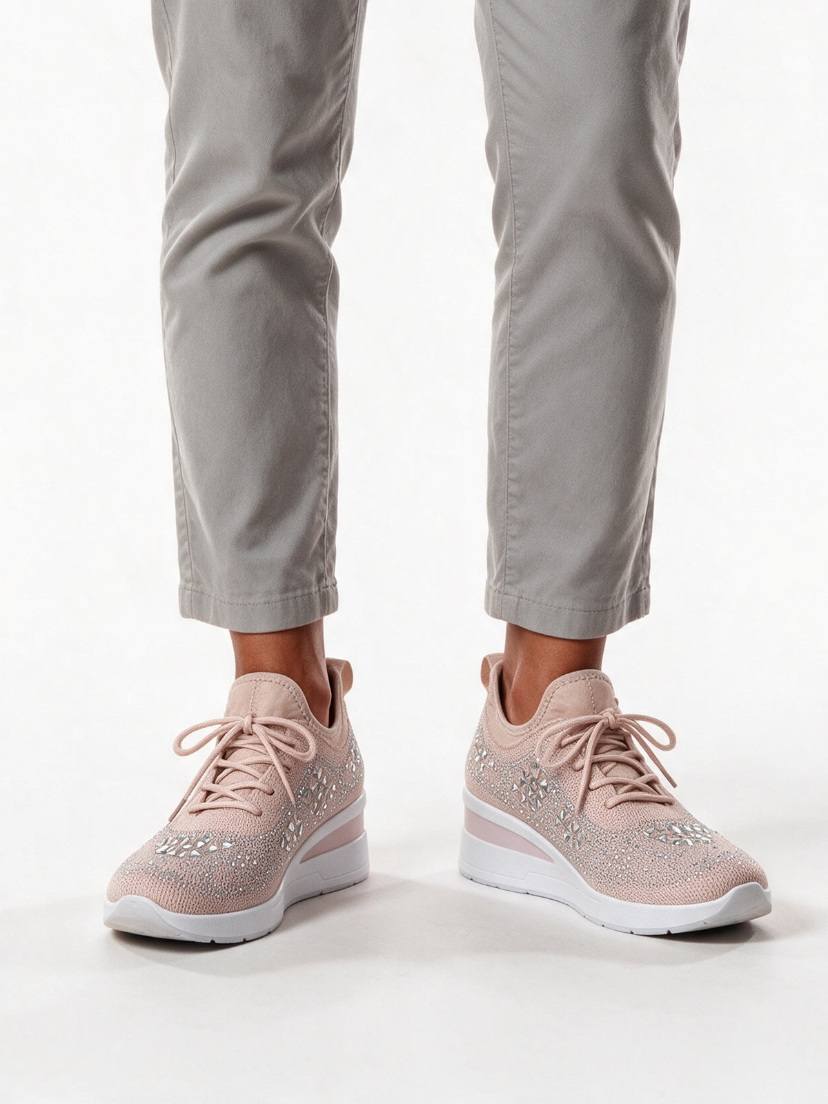 Carmela - Women's Rhinestone Knit Wedge Sneakers - Blush