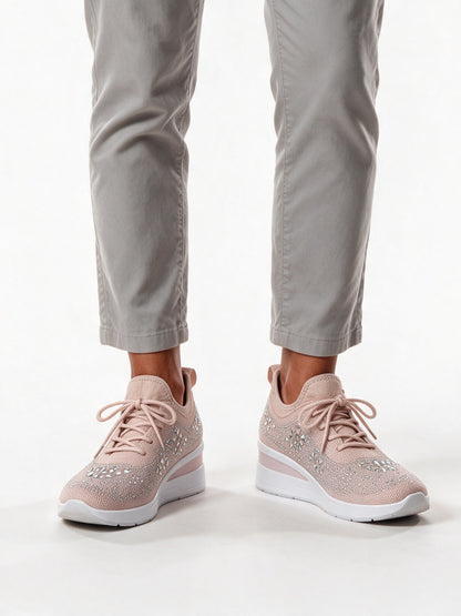 Carmela - Women's Rhinestone Knit Wedge Sneakers - Blush