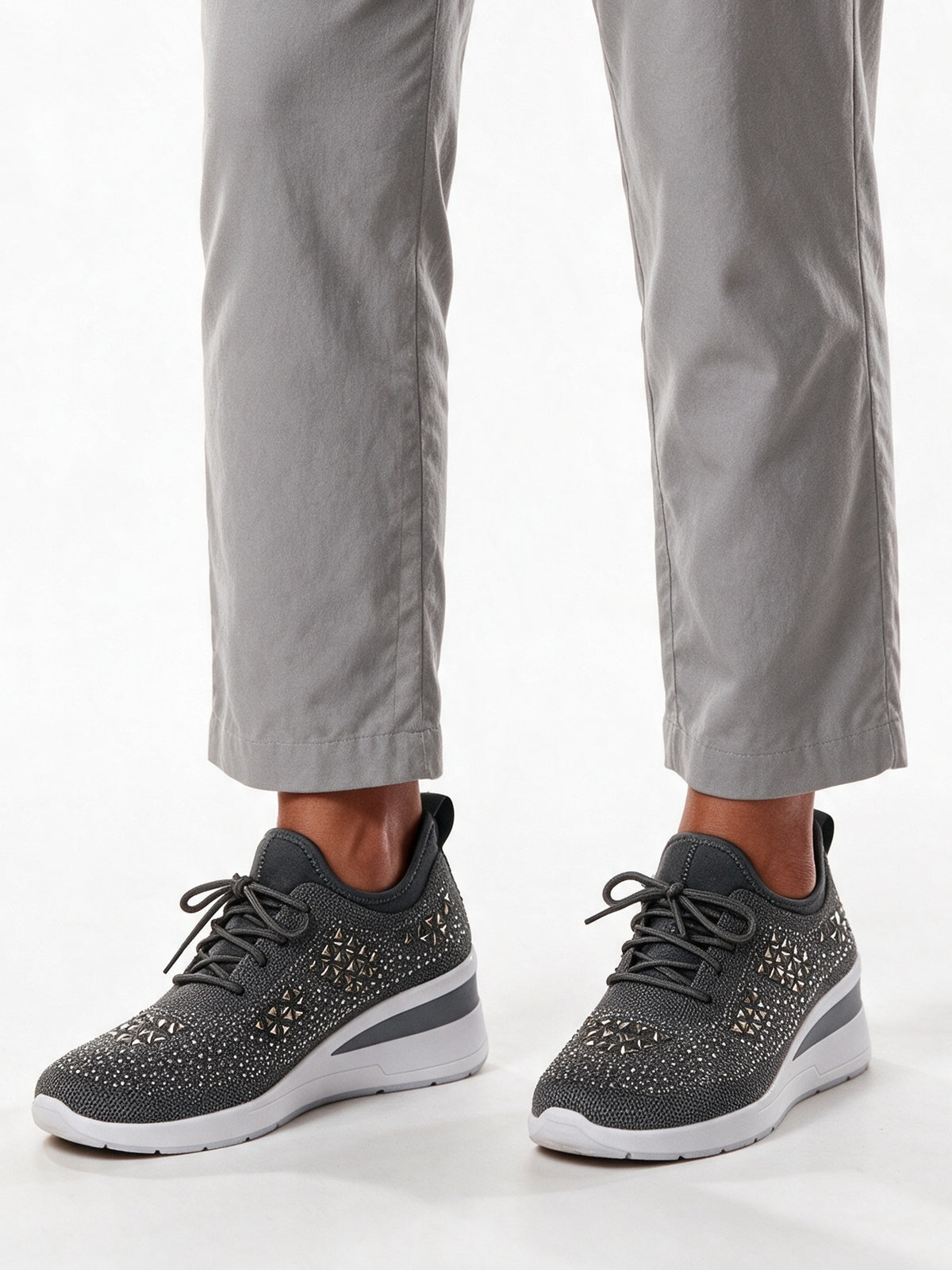 Carmela - Women's Rhinestone Knit Wedge Sneakers - Gray