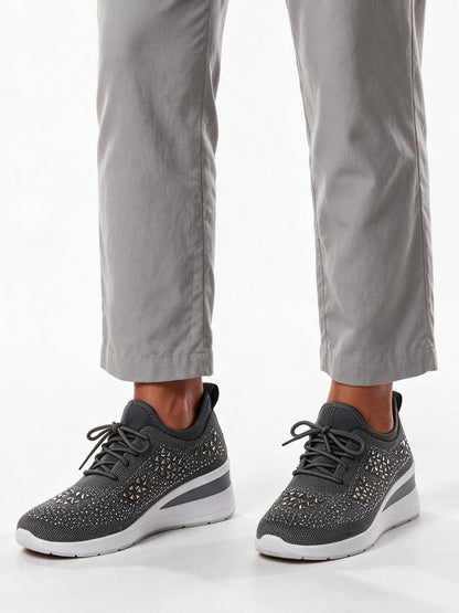 Carmela - Women's Rhinestone Knit Wedge Sneakers - Gray