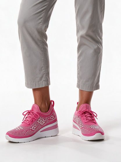 Carmela - Women's Rhinestone Knit Wedge Sneakers - Hot Pink
