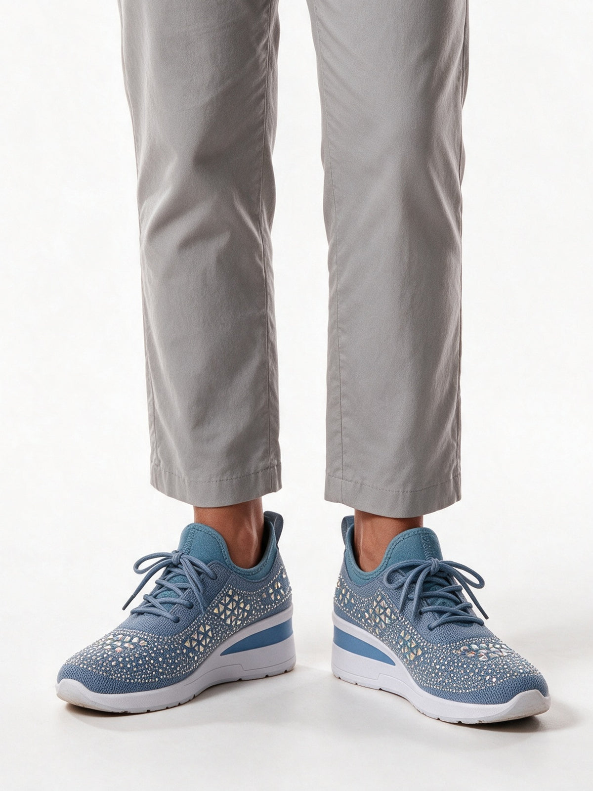 Carmela - Women's Rhinestone Knit Wedge Sneakers - Light Blue