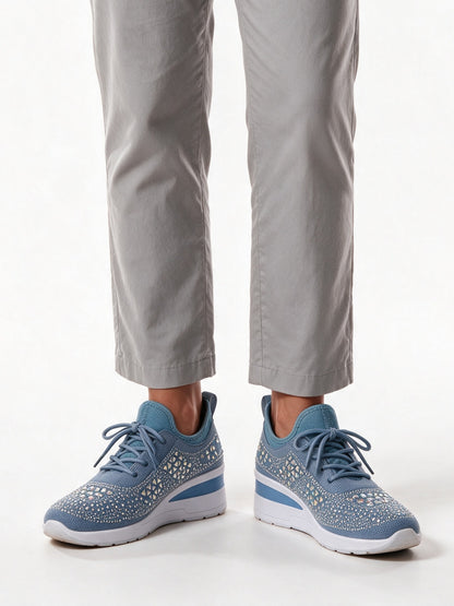 Carmela - Women's Rhinestone Knit Wedge Sneakers - Light Blue