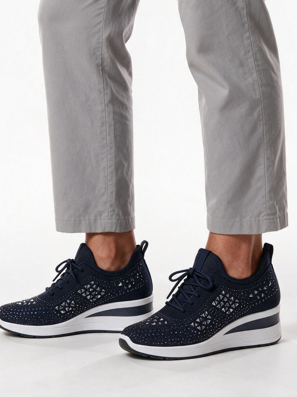 Carmela - Women's Rhinestone Knit Wedge Sneakers - Navy