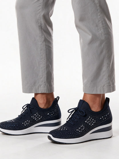 Carmela - Women's Rhinestone Knit Wedge Sneakers - Navy