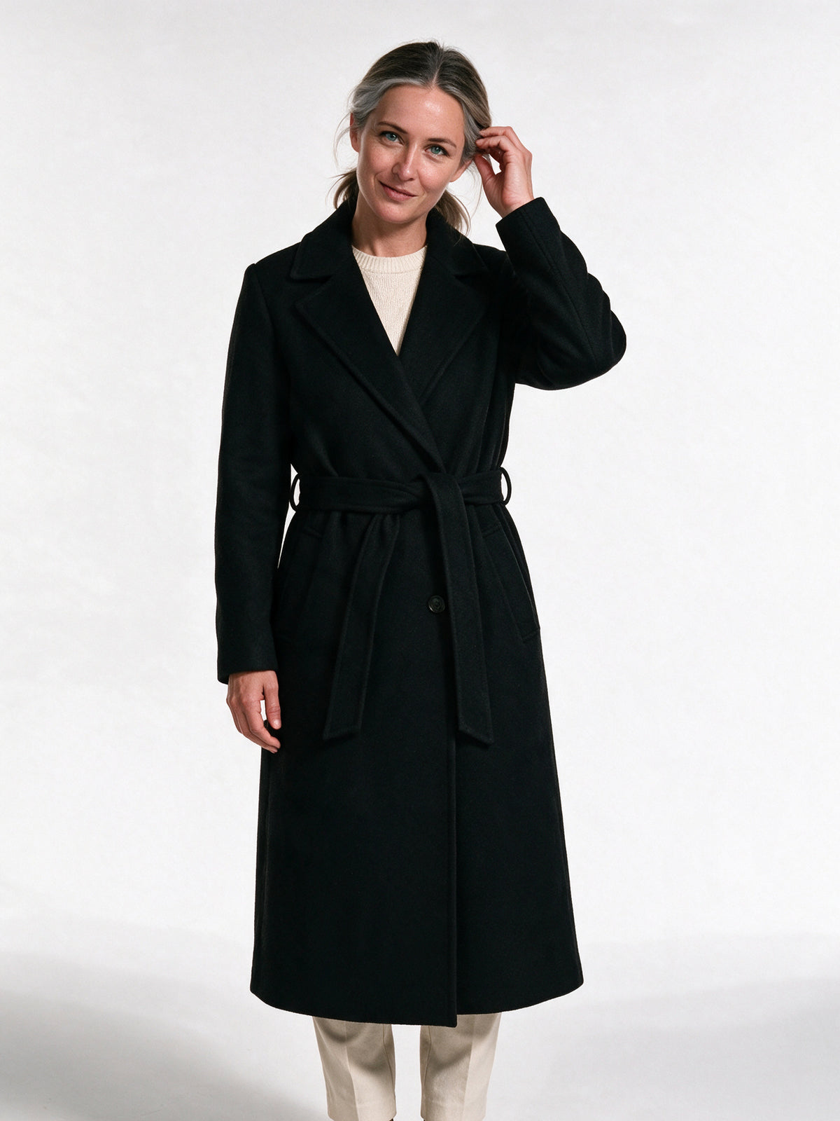 Cassandra - Elegant Belted Wrap Coat - Black