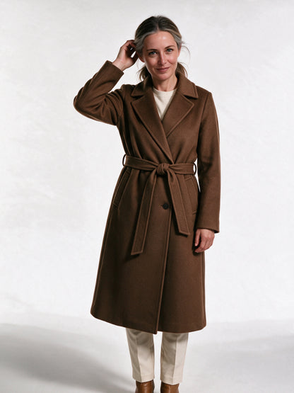 Cassandra - Elegant Belted Wrap Coat - Brown