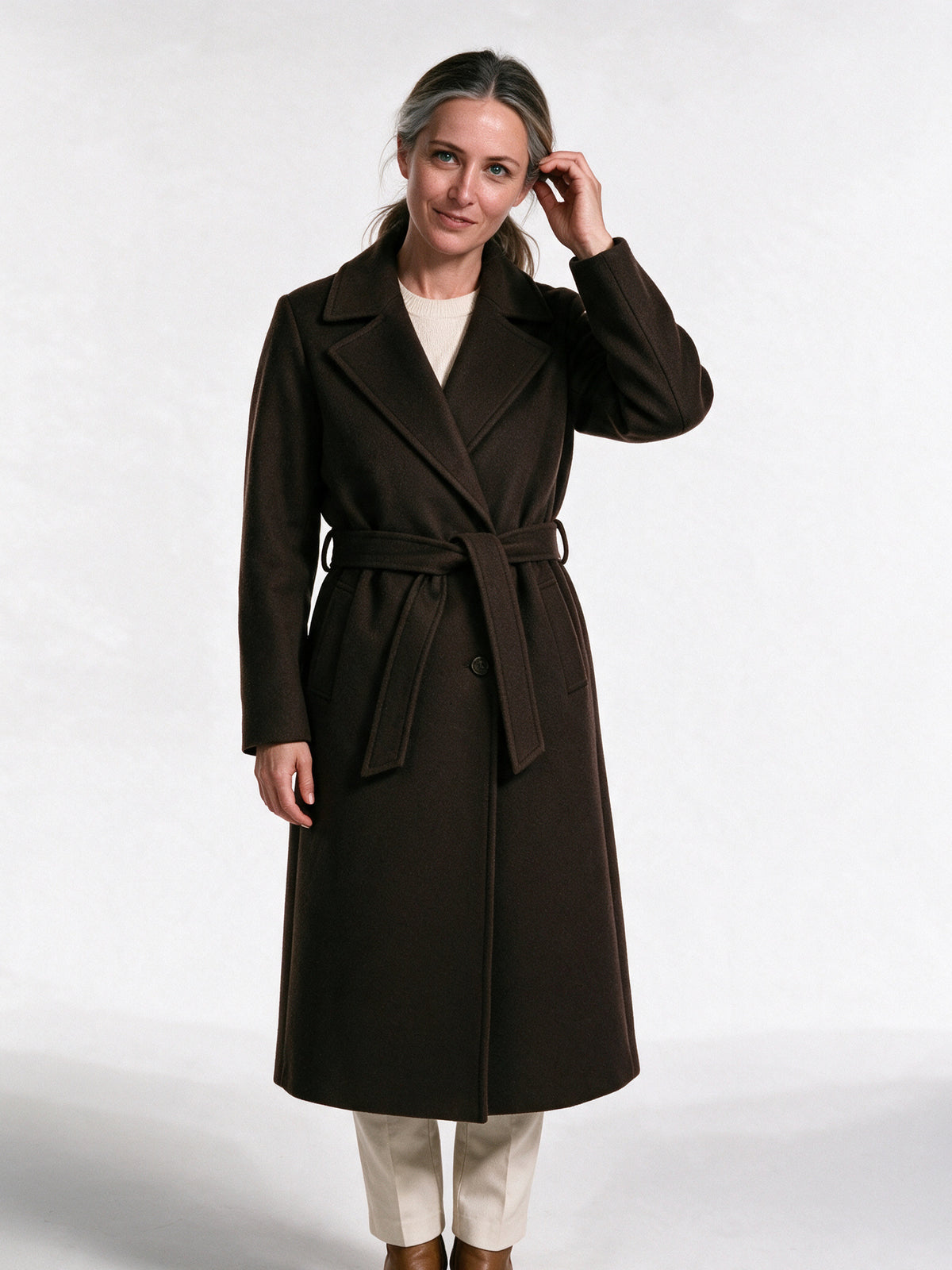 Cassandra - Elegant Belted Wrap Coat - Chocolate