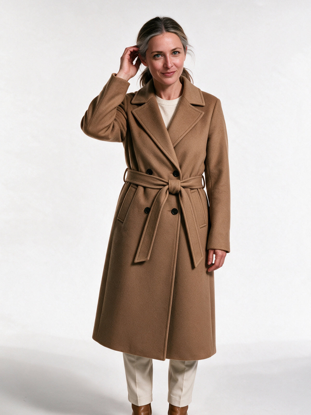 Cassandra - Elegant Belted Wrap Coat - Khaki