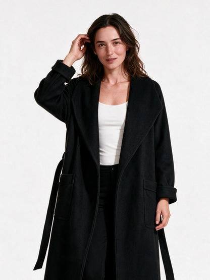 Celine - Women's Long Open Front Belted Coat - Black