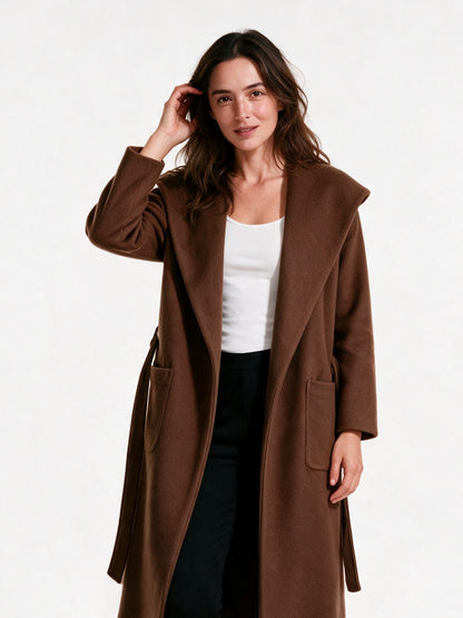 Celine - Women's Long Open Front Belted Coat - Brown