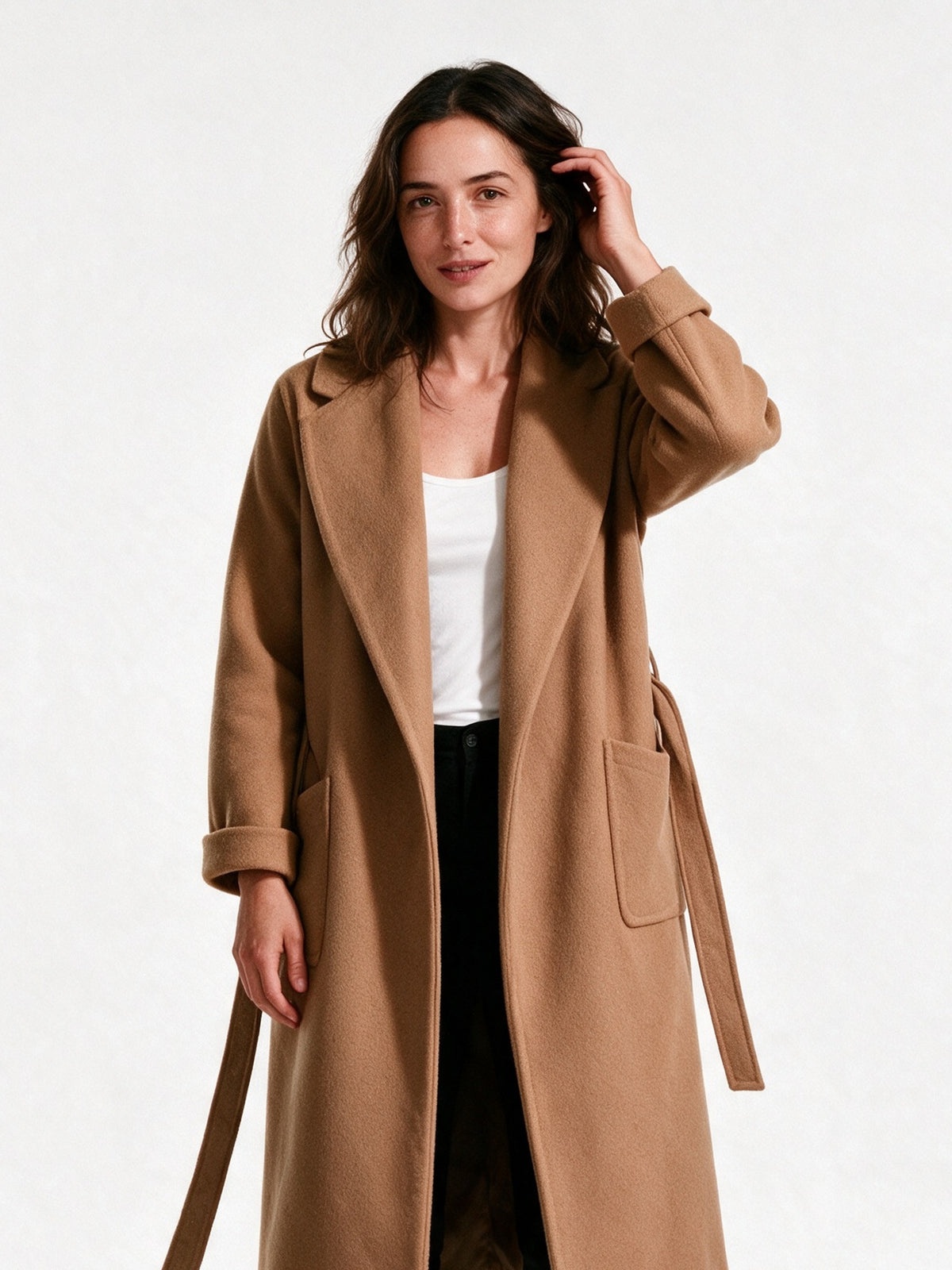 Celine - Women's Long Open Front Belted Coat - Camel