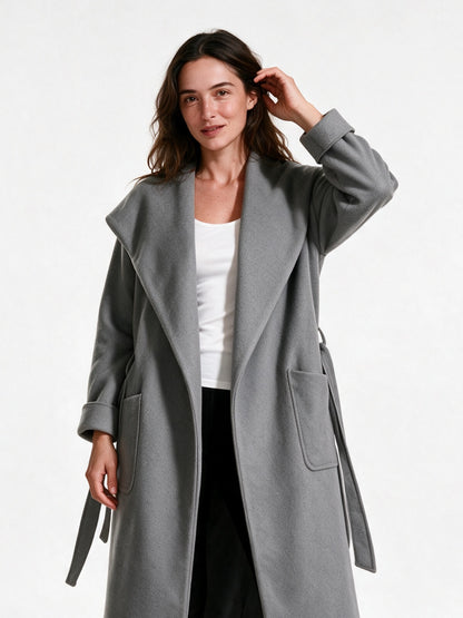 Celine - Women's Long Open Front Belted Coat - Gray
