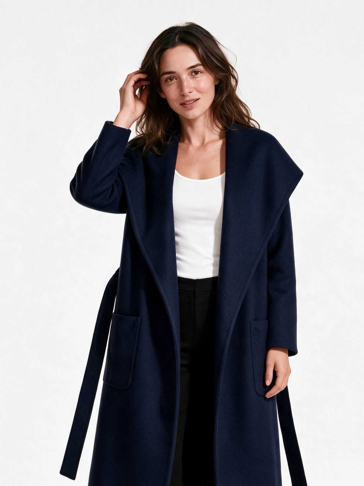 Celine - Women's Long Open Front Belted Coat - Navy