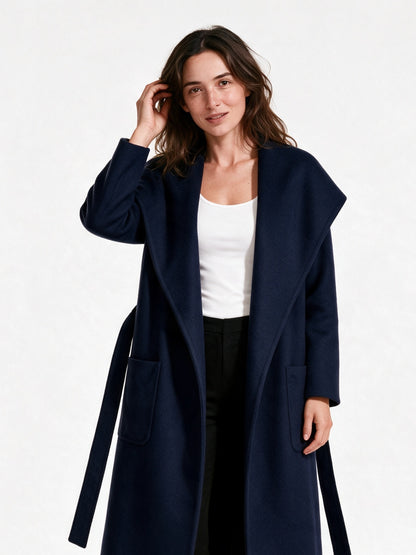 Celine - Women's Long Open Front Belted Coat - Navy